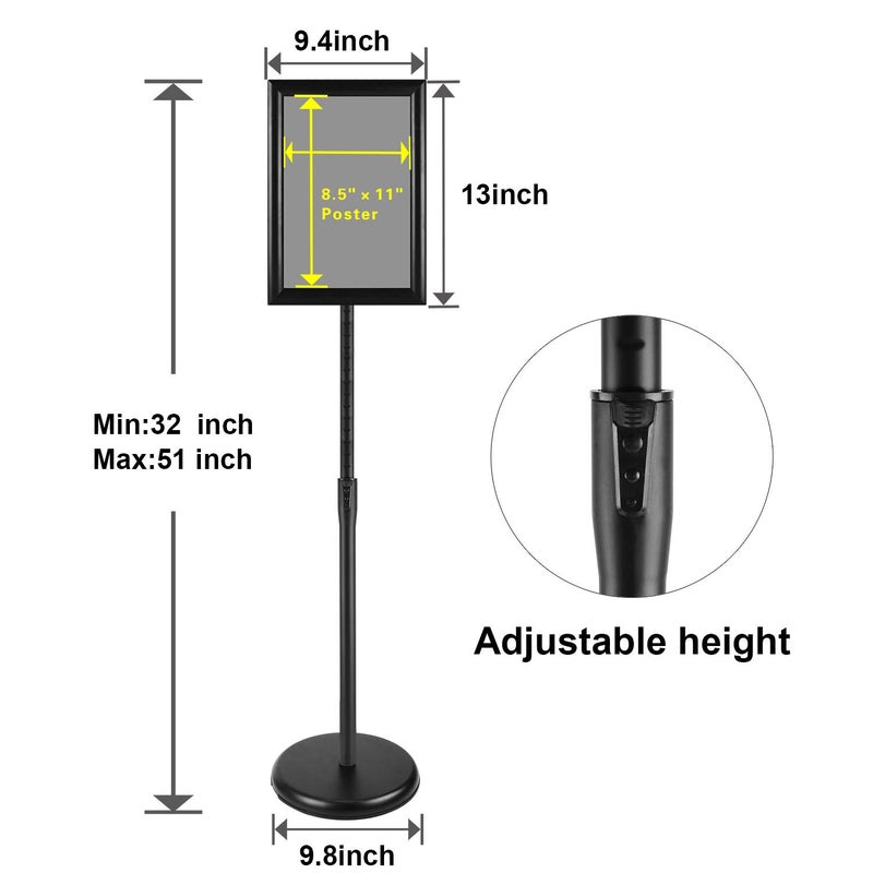 PUJIANG 8.5x11 Inch Adjustable Sign Holder Poster Stand, Heavy Duty Floor Sign Stand with Aluminum Snap Open Frame for Vertical and Horizontal Sign Displayed(Black) - Image 3